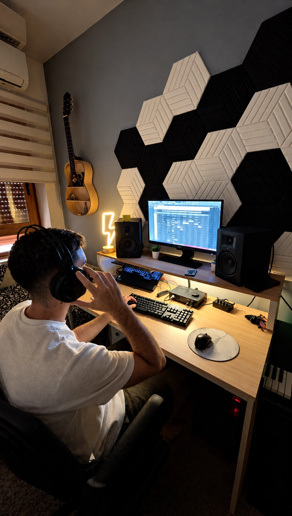 RAYO escuchando una producción con auriculares